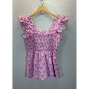 J Marie Top Womens L Pink Smocked Tank Blouse Floral Graphic Print Cottage Boho